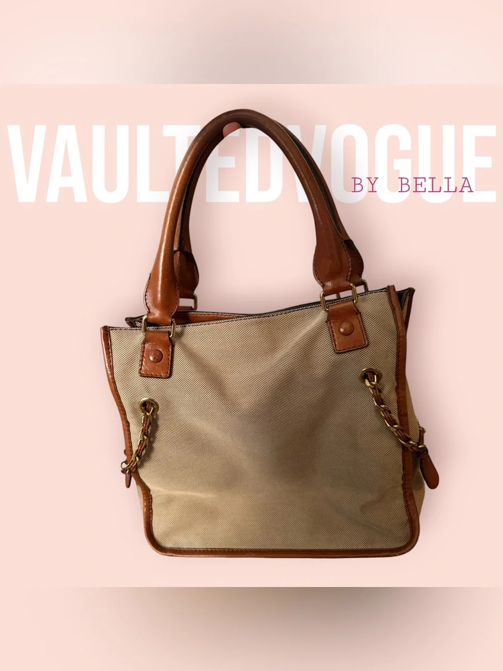 Chloé Beige Canvas Tote with Tan Leather Trim and Gold Hardware